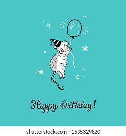 Happy Birthday! Greeting Card with Flying Cute Rat or Mouse with Balloon. Hand Drawn Cartoon Doodle Little Mice Print for Baby Shower, Nursery and Birthday Design