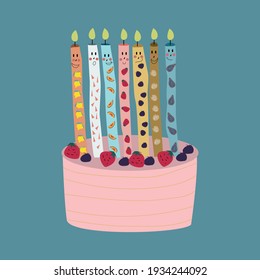 Happy birthday greeting card in the form of a cake with strong candles depicting faces. Vector illustration on blue background. 