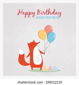 Happy Birthday Greeting Card With A Fox Holding Balloons