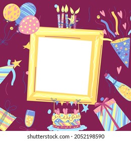 Happy Birthday greeting card with frame. Celebration or holiday items.