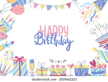 Happy Birthday greeting card with frame. Celebration or holiday items.