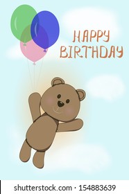 Happy birthday greeting card with fun bear flying in the sky