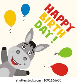 Happy birthday! Greeting card with funny donkey and balloons in cartoon style.