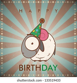 Happy birthday greeting card with funny cartoon sheep.
