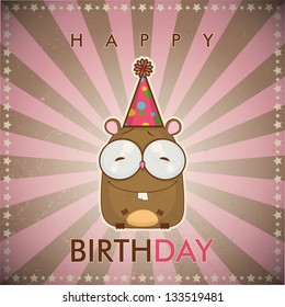 Happy birthday greeting card with funny cartoon hamster.