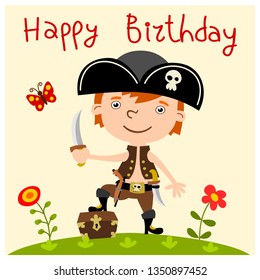 Happy birthday - greeting card with funny pirate in cartoon style.