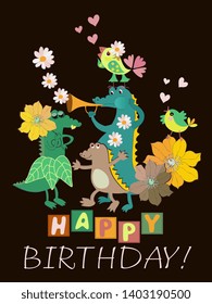"Happy Birthday!" greeting card with funny crocodiles family, little birds, trumpet and flowers on black background in cartoon style.