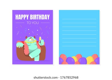 Happy Birthday Greeting Card with Funny Colorful Monsters, Paper for Notes, Notebook, Diary, Organizer Design Element Vector Illustration