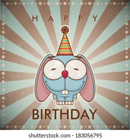 Happy birthday greeting card with funny cartoon rabbit.