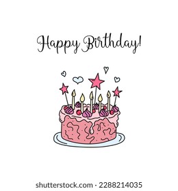 Happy Birthday greeting card. Funny doodle cake with candles. Birthday party square postcard design. Vector colorful hand drawn kid bday illustration.