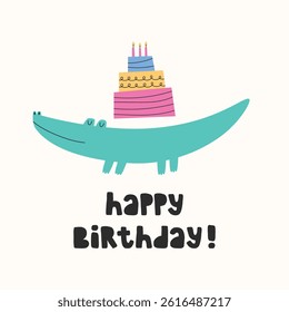 Happy Birthday greeting card with funny alligator and birthday cake. Hand drawn birthday card or poster concept.