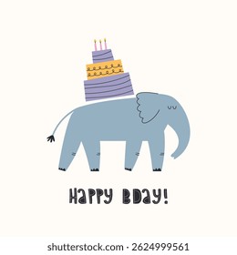 Happy Birthday greeting card with funny elephant, birthday cake and lettering.