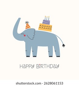 Happy Birthday greeting card with funny elephant, birthday cake and lettering.