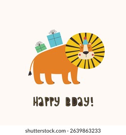 Happy birthday greeting card with funny lion and presents.