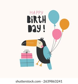 Happy birthday greeting card with funny toucan, presents and colorful balloons.