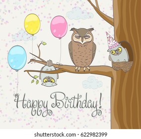 Happy Birthday Greeting Card Funny Owls Stock Vector (Royalty Free ...