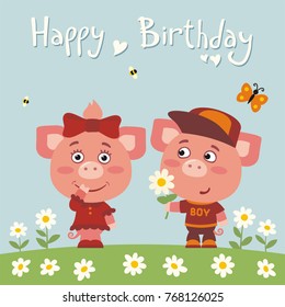 Happy birthday! Greeting card: funny pig boy gives flower to girl.