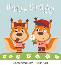 Happy birthday! Greeting card: funny squirrel boy gives flower to girl.