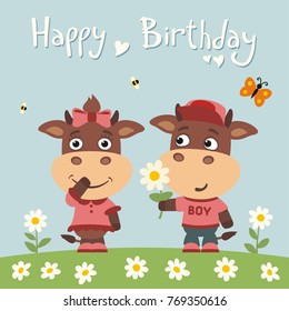 Happy birthday! Greeting card: funny bull boy gives flower to cow girl.