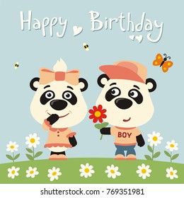 Happy birthday! Greeting card: funny panda boy gives flower to girl.