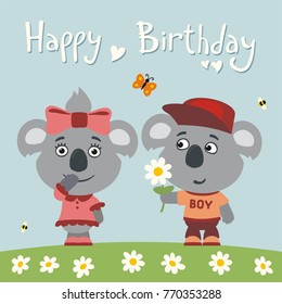Happy birthday! Greeting card: funny koala boy gives flower to girl.