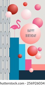Happy Birthday. Greeting card with geometric elements, flamingo and bubbles in blue, red and pink tones.