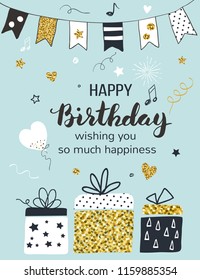 Happy birthday greeting card with gift boxes, invitation template, vector illustration