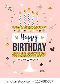 Happy birthday greeting card with gift cake and candles, invitation template, vector illustration