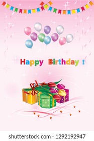 Happy Birthday greeting card with gift boxes, tulips, balloons, decoration. Vector illustration