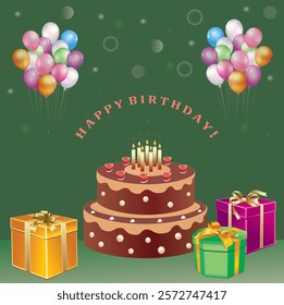 Happy birthday. Greeting card with gift boxes and cake with candles on green background with balloons. Vector illustration