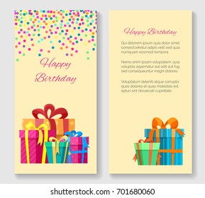 Happy birthday greeting card with gift boxes. Vector illustration