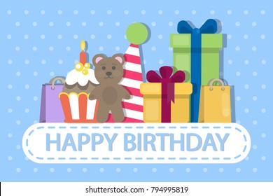 Happy Birthday greeting card with gift boxes, cake and toy bear.
