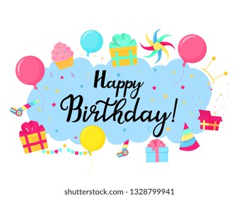 Happy Birthday. Greeting card with gifts, balloons, sweets.