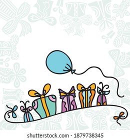 Happy birthday greeting card with gifts and balloons. Vector illustration