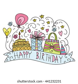 Happy birthday greeting card with gifts, balloons, stars, hearts and cake. Vector illustration.
