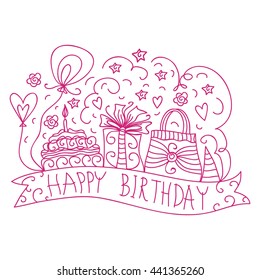 Happy birthday greeting card with gifts, balloons, cake, hearts and stars. Vector illustration.