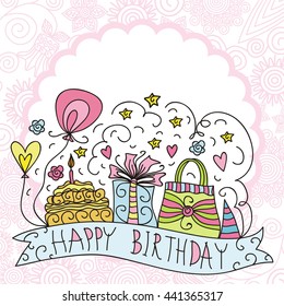 Happy birthday greeting card with gifts, balloons, cake, hearts and stars. Vector illustration.