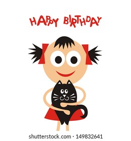 Happy birthday greeting card girl with cat vector illustration