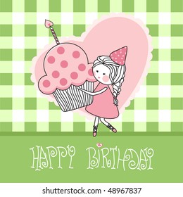 happy birthday greeting card with girl with cupcake