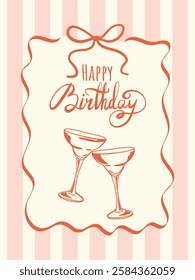 Happy birthday greeting card with glasses and bow in coquette aesthetic