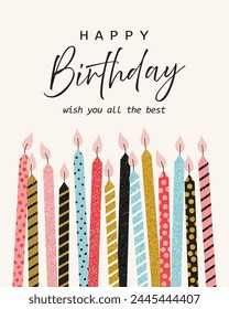 Happy Birthday greeting card with glitter candles. Vector illustration in a simple style