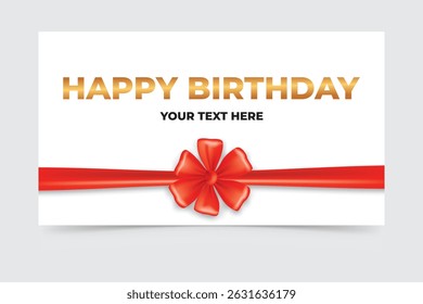 Happy birthday greeting card with gold text and red ribbon bow on white background.