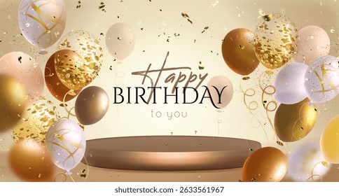Happy birthday greeting card with gold balloons, confetti streamers and podium display on light bg. 3d realistic glossy bubbles in festive color floating around round stage. Elegant celebration poster