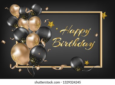 Happy Birthday greeting card. Golden and black balloons on the frame. Party decorations, confetti, serpentine, sparkles, lights and stars.Vector background.