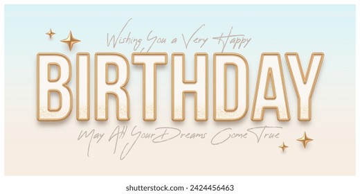 Happy birthday greeting card with golden text and stars. Birthday wish poster with gold metal letters. Vector illustration.
