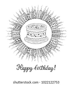 Happy Birthday Greeting Card. Hand Drawn Doodle Burning Patterned Candles, Birthday Cake with cream and berries, Calligraphic Lettering. Vector illustration 