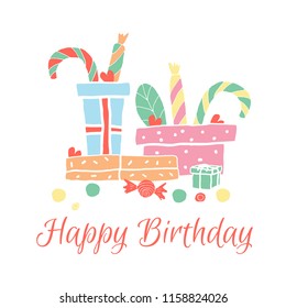Happy Birthday greeting card in hand drawn style. Cute holidays elements isolated on a white background. Vector illustration.