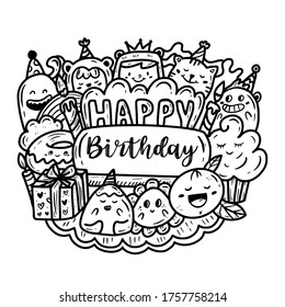 Happy birthday greeting card with hand drawing cute character in white background