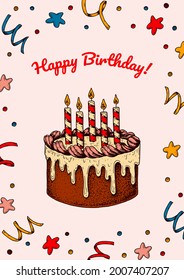 Happy Birthday greeting card. Hand drawn vector illustration