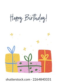 Happy Birthday greeting card, hand drawn vector illustration, pile of gifts, presents, lettering, isolated on white background